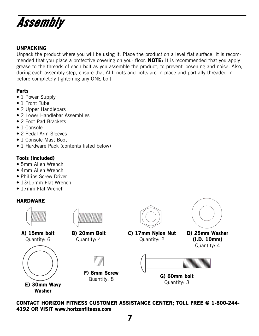 Horizon Fitness CSE3HR, CSE2 manual Assembly, Unpacking, Hardware 