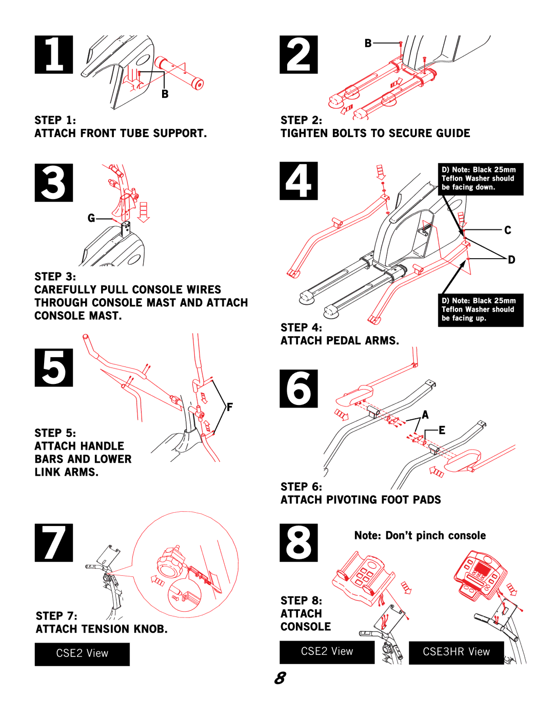 Horizon Fitness CSE2, CSE3HR Step Tighten Bolts to Secure Guide, Step Attach Pedal Arms Attach Pivoting Foot Pads Console 