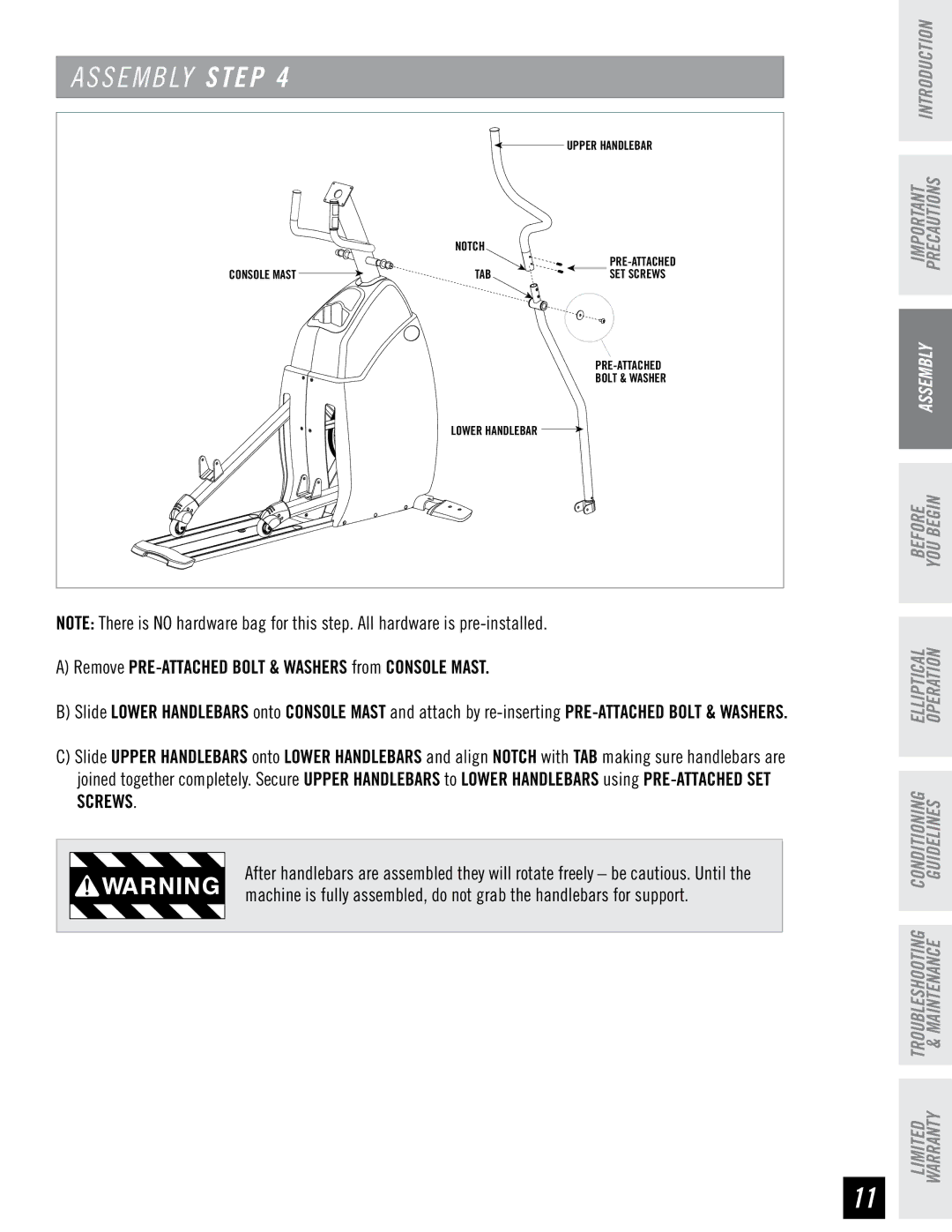 Horizon Fitness CSE4.6, CSE3.6 quick start Remove PRE-ATTACHED Bolt & Washers from Console Mast 