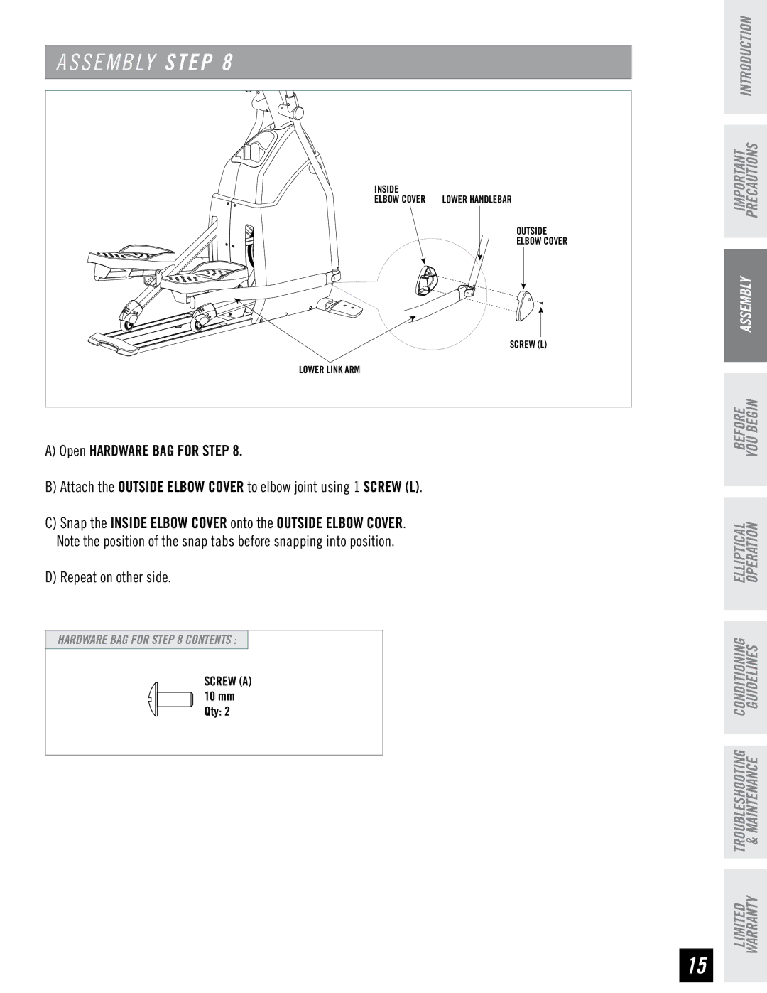 Horizon Fitness CSE4.6, CSE3.6 quick start Screw a 10 mm Qty 