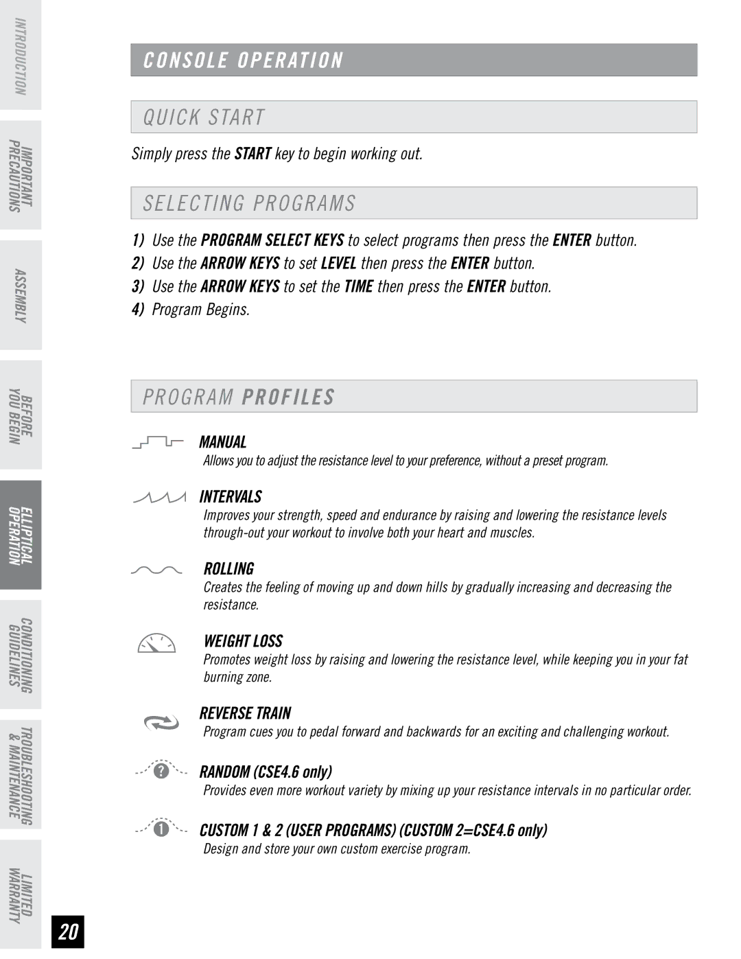 Horizon Fitness CSE3.6, CSE4.6 quick start Quick Start, Selecting Programs 