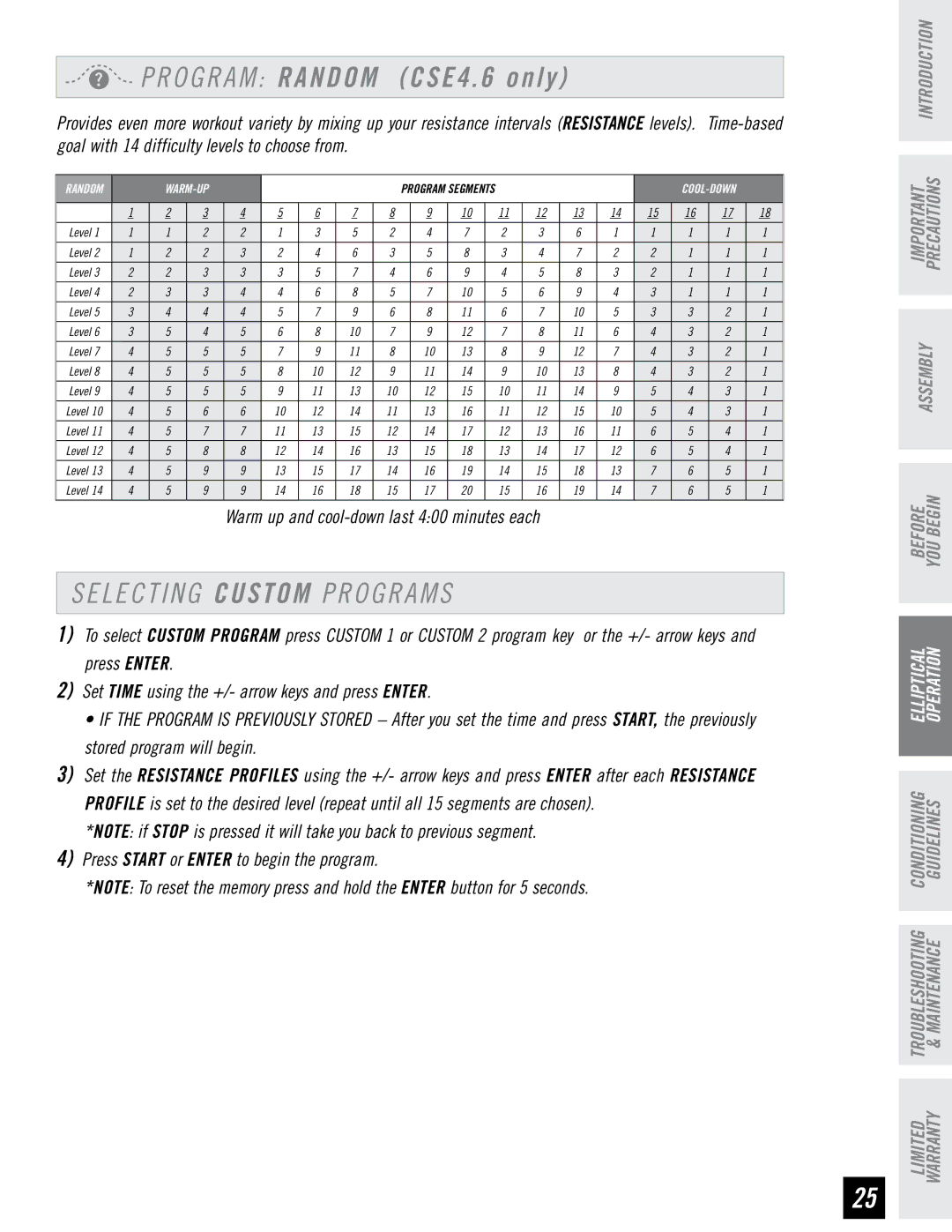 Horizon Fitness CSE4.6, CSE3.6 quick start Program Random CSE4 only, Selecting C U S T O M Programs 