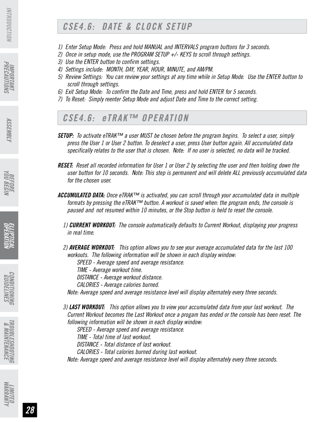 Horizon Fitness CSE3.6, CSE4.6 quick start CSE4 Date & Clock Setup, CSE4 etrak operation 