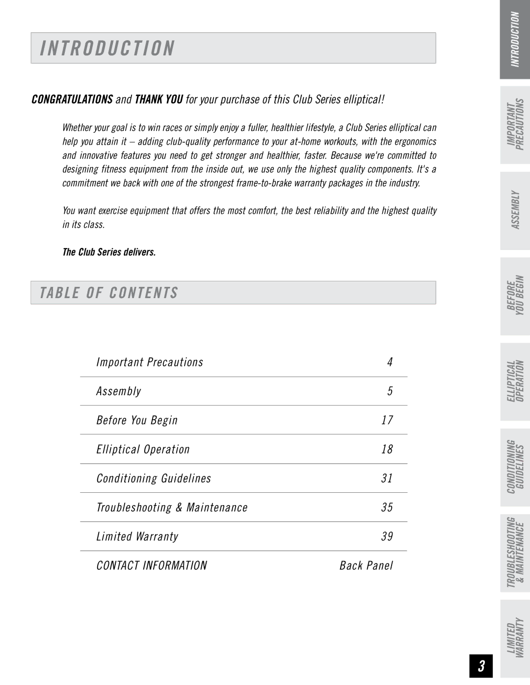 Horizon Fitness CSE4.6, CSE3.6 quick start T R O D U C T I O N, Table of Contents 