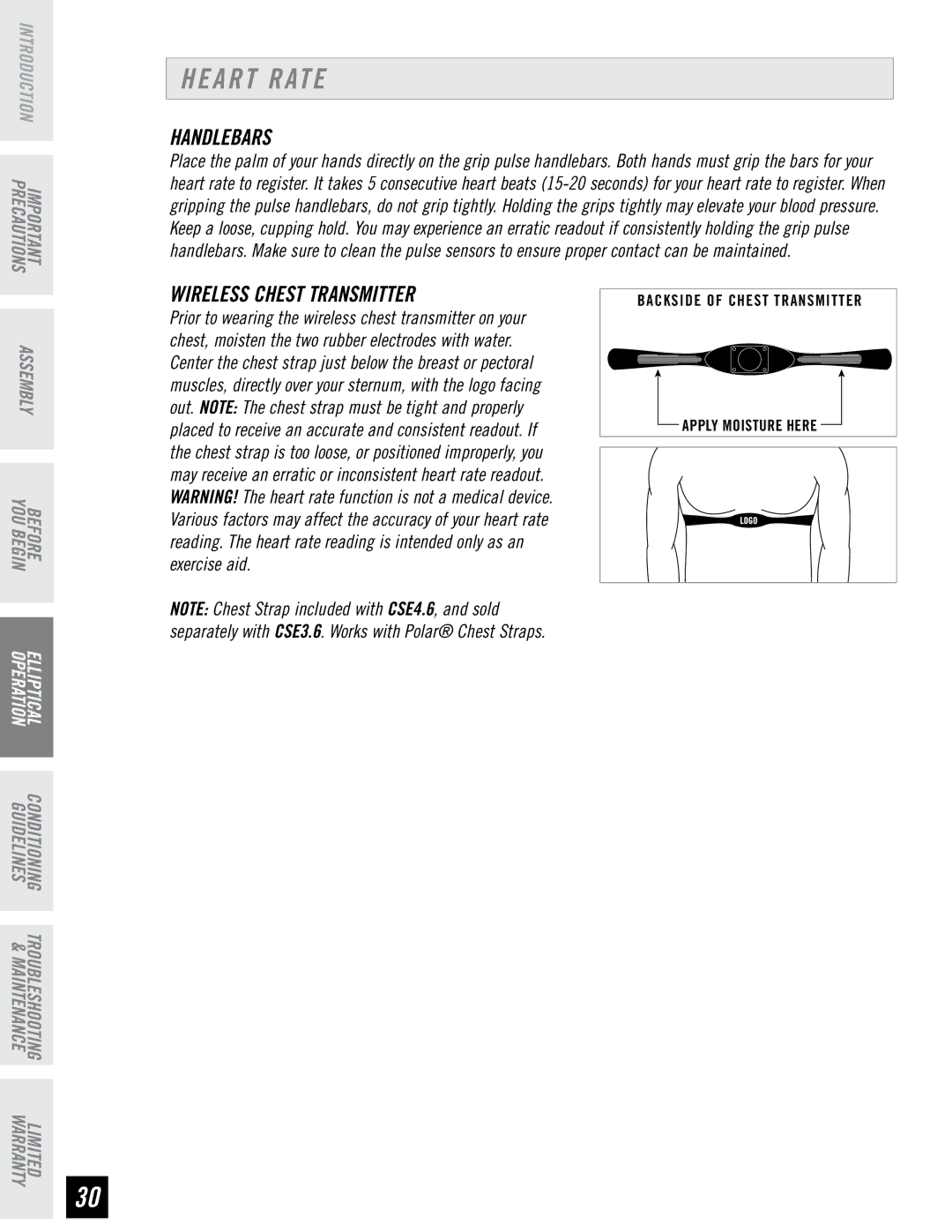 Horizon Fitness CSE3.6, CSE4.6 quick start Heart Rate, Wireless Chest Transmitter 