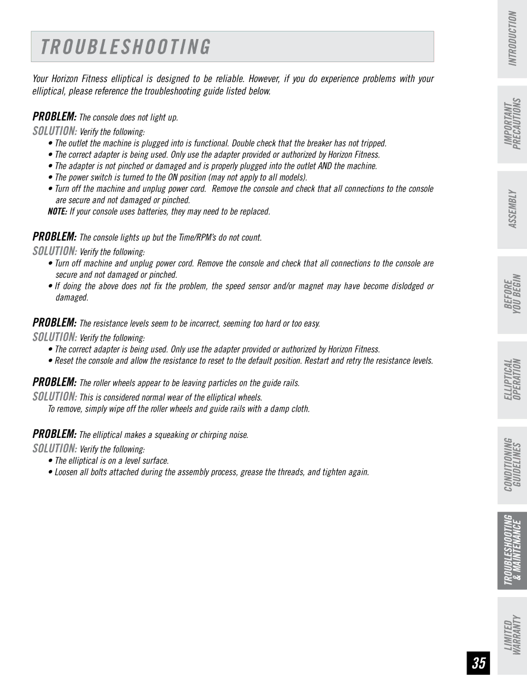 Horizon Fitness CSE4.6, CSE3.6 quick start Troubleshooting 