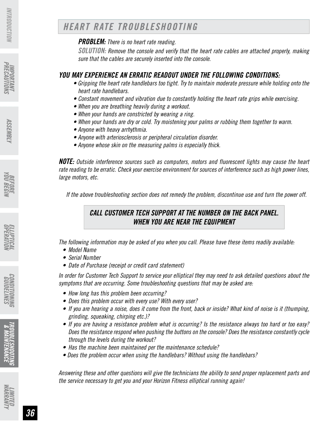 Horizon Fitness CSE3.6, CSE4.6 quick start Heart Rate Troubleshooting, When YOU are Near the Equipment 