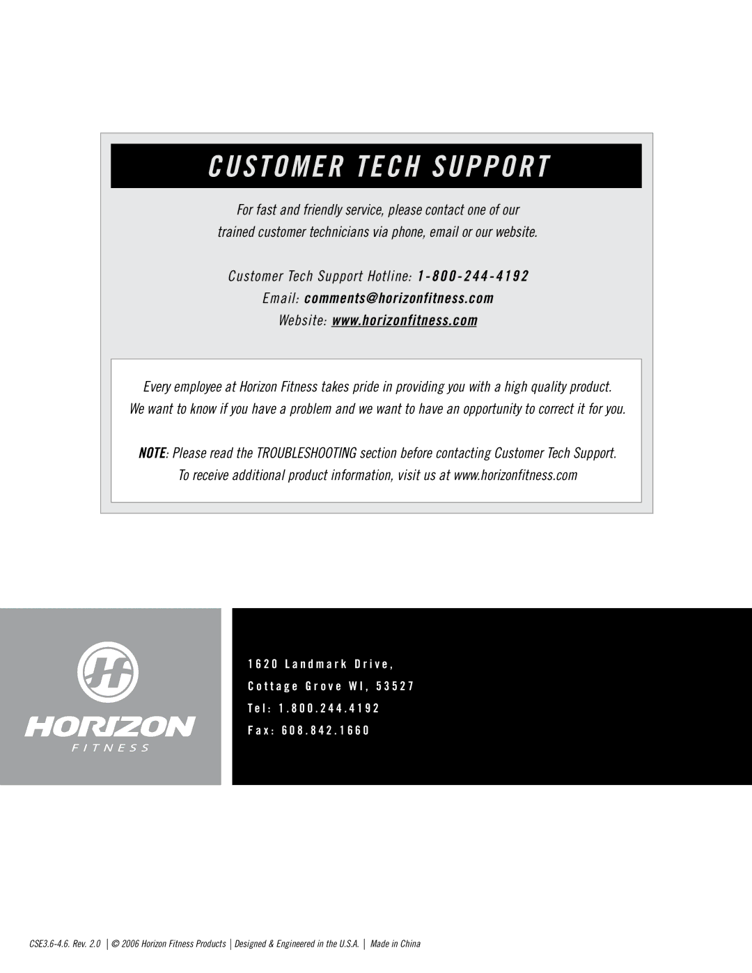 Horizon Fitness CSE3.6, CSE4.6 quick start Customer Tech Support 