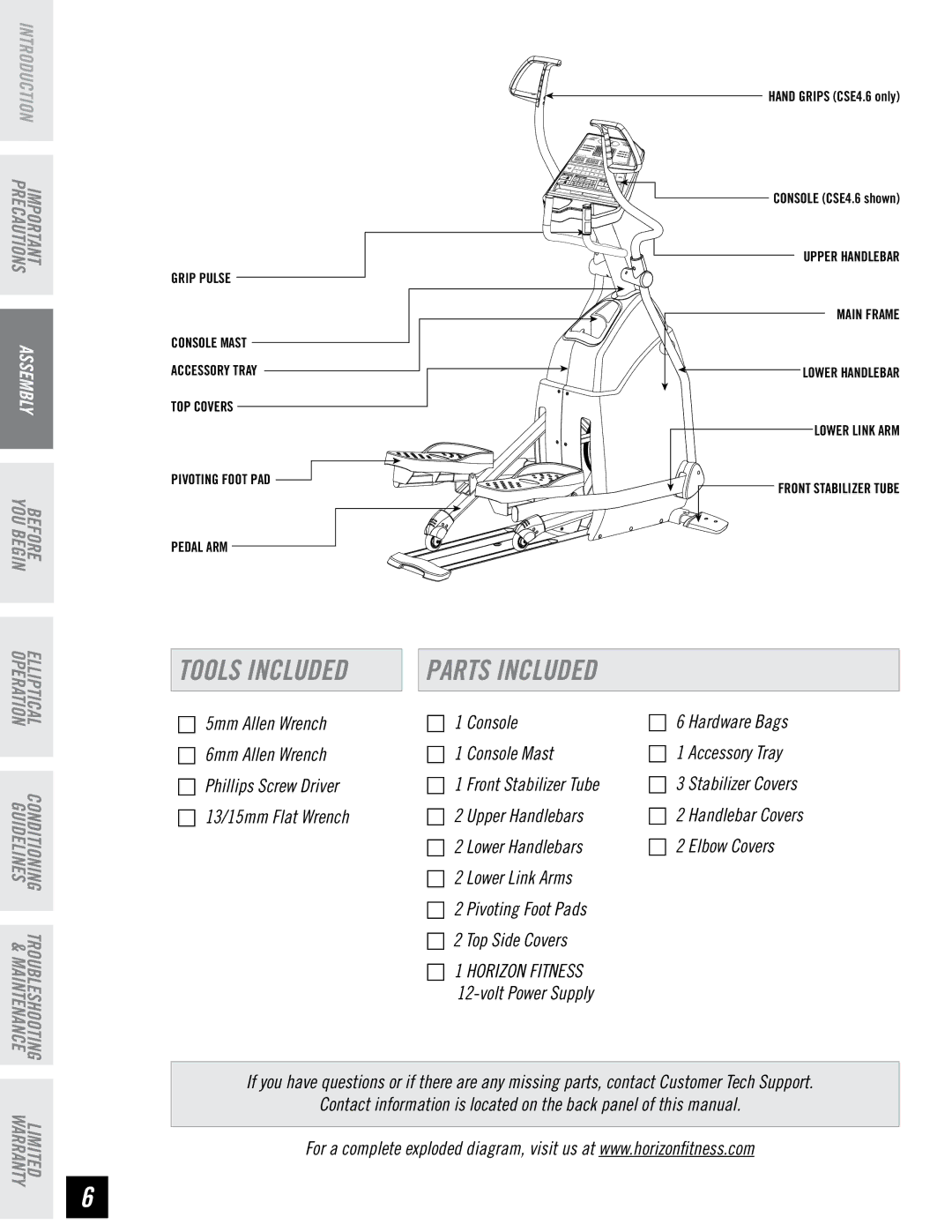 Horizon Fitness CSE3.6, CSE4.6 quick start Tools Included, Parts Included 