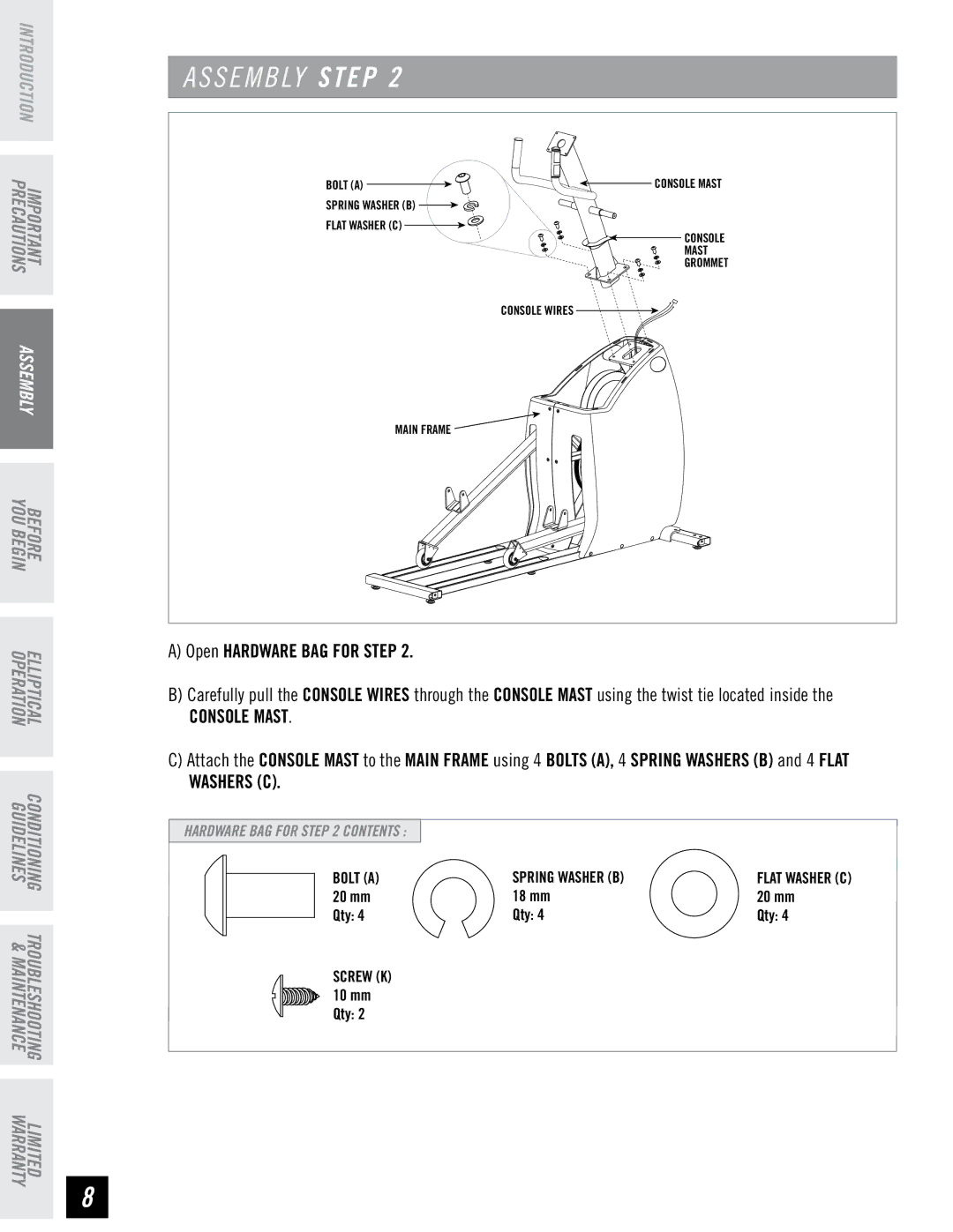 Horizon Fitness CSE3.6, CSE4.6 quick start Console Mast 