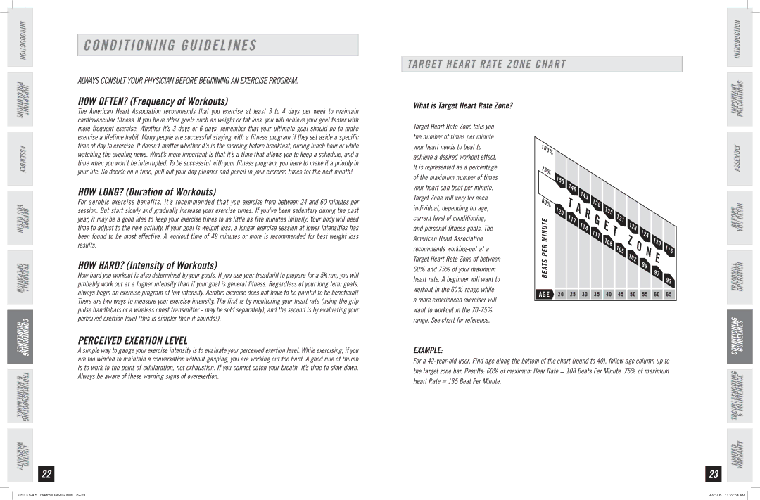 Horizon Fitness CST3.5-4.5 manual Conditioning Guidelines, Target Heart Rate Zone Chart, Perceived Exertion Level, Example 