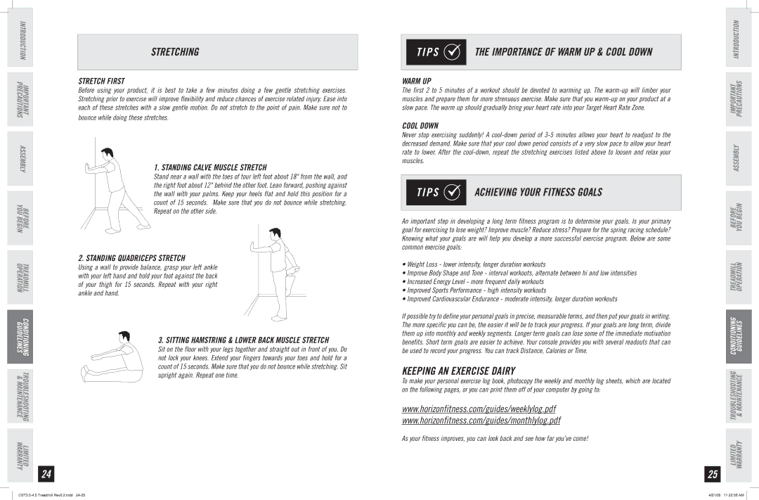 Horizon Fitness CST4.5, CST3.5-4.5 manual Stretching, P S Achieving Your Fitness Goals, Keeping AN Exercise Dairy 