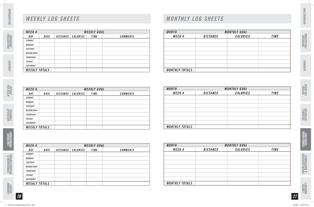 Horizon Fitness CST3.5-4.5, CST4.5 manual Monthly LOG Sheets, Week # Distance Calories Time Monthly Totals 