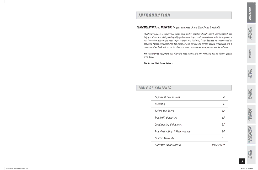 Horizon Fitness CST3.5-4.5, CST4.5 manual T R O D U C T I O N, Table of Contents 