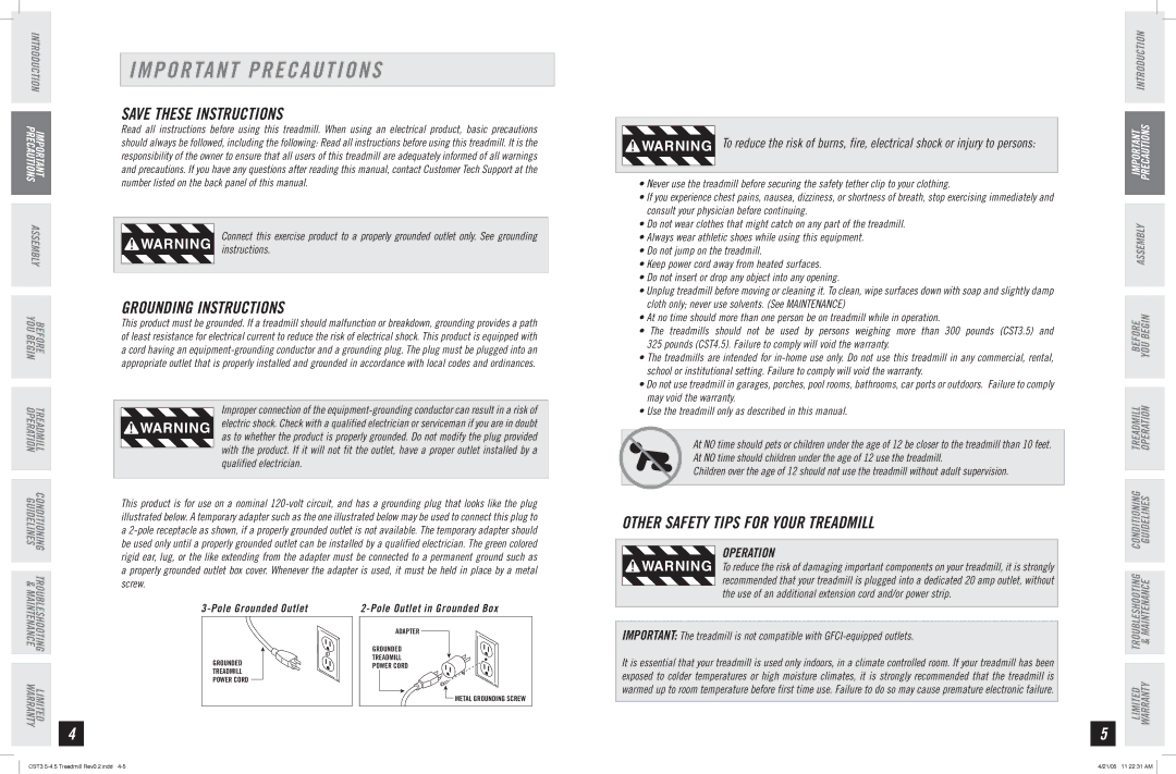 Horizon Fitness CST4.5 Important Precautions, Grounding Instructions, Other Safety Tips for Your Treadmill, Operation 