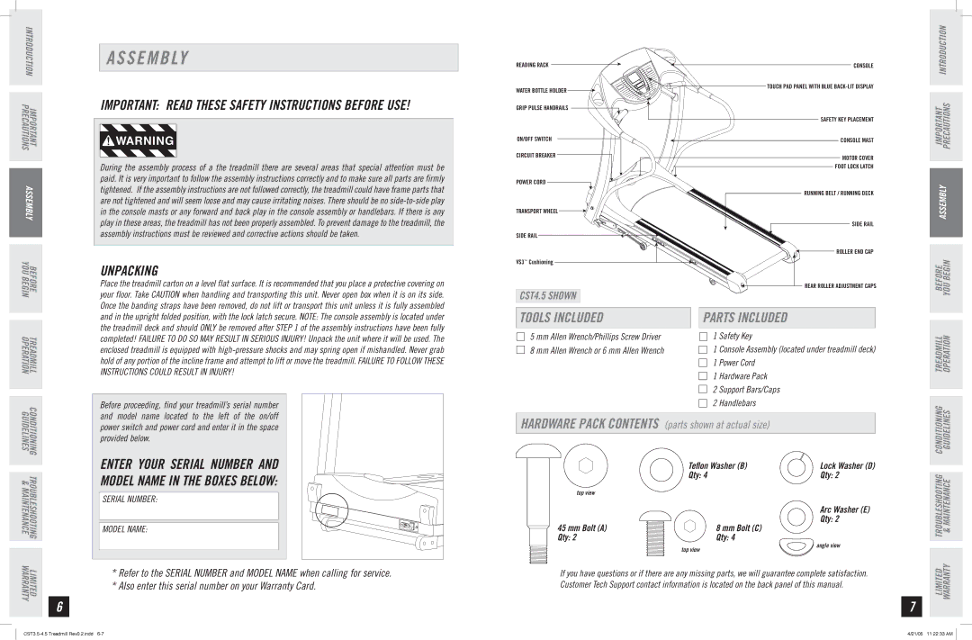 Horizon Fitness CST3.5-4.5, CST4.5 manual S E M B Ly, Unpacking, Tools Included, Parts Included 