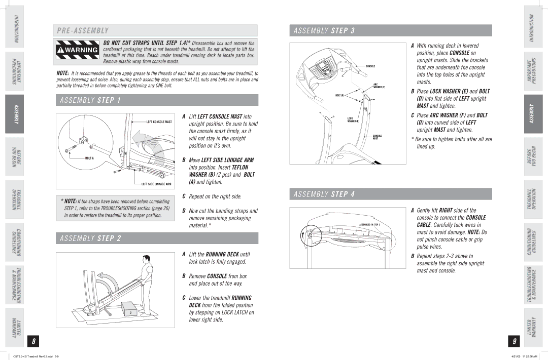 Horizon Fitness CST4.5 manual Position on it’s own, Tighten, Place Lock Washer E and Bolt, Place ARC Washer F and Bolt 