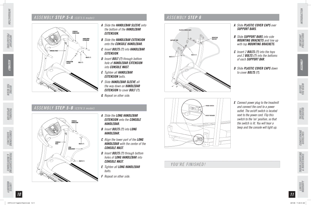 Horizon Fitness CST3.5-4.5, CST4.5 manual YOU’RE Finished, Support Bars, Handlebar, Console Mast 