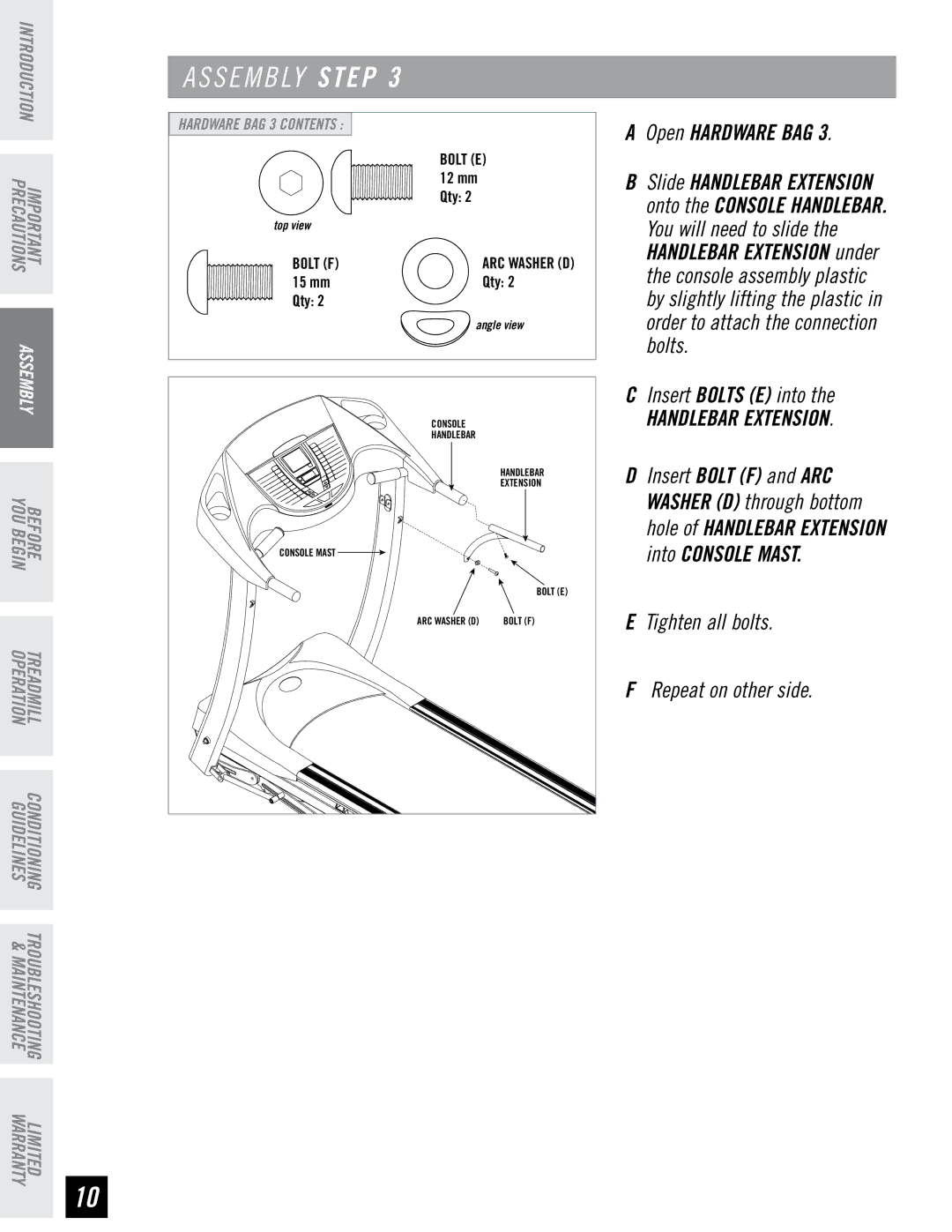 Horizon Fitness CST3.5 manual Insert Bolts E into, Handlebar Extension, Tighten all bolts Repeat on other side 