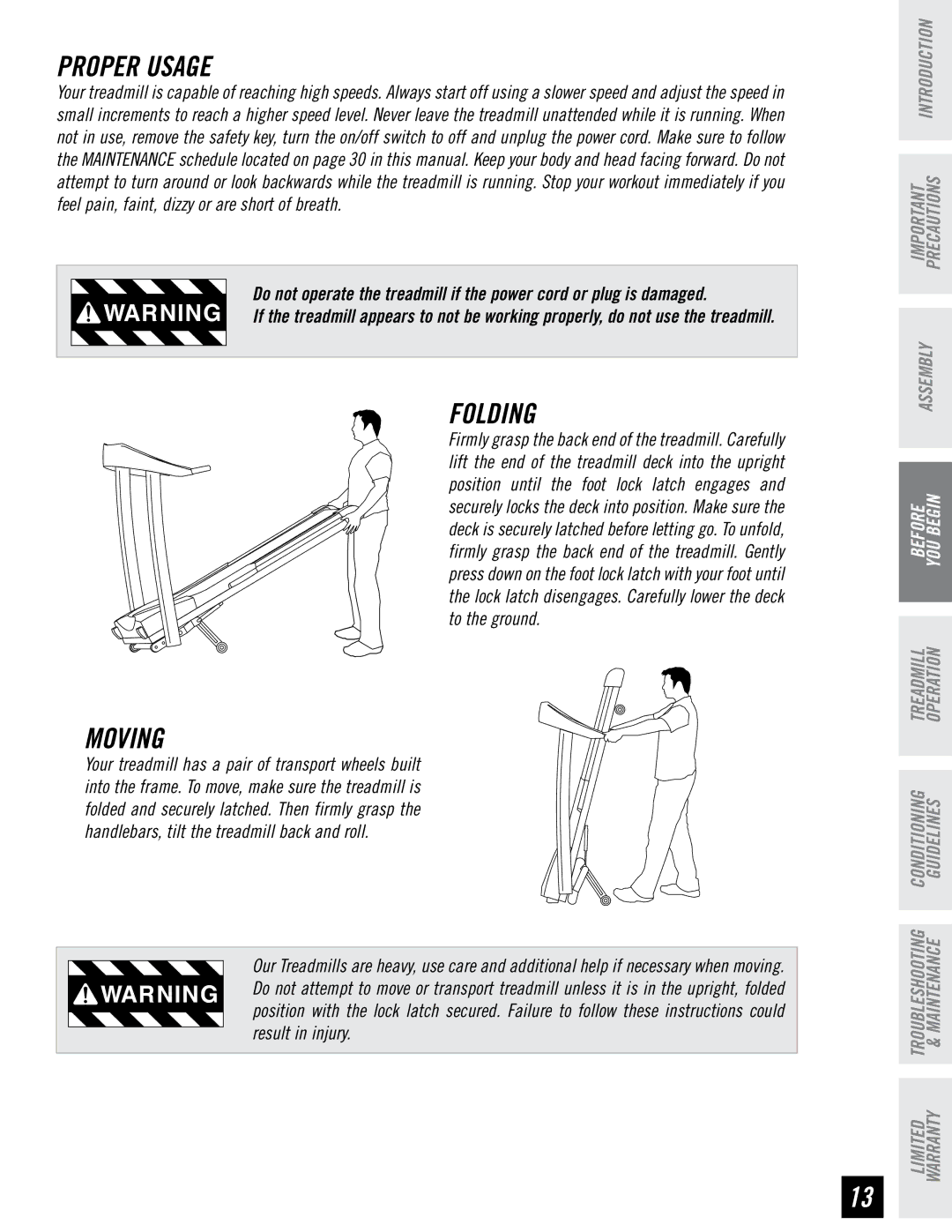 Horizon Fitness CST3.5 manual Proper Usage, Folding, Moving 