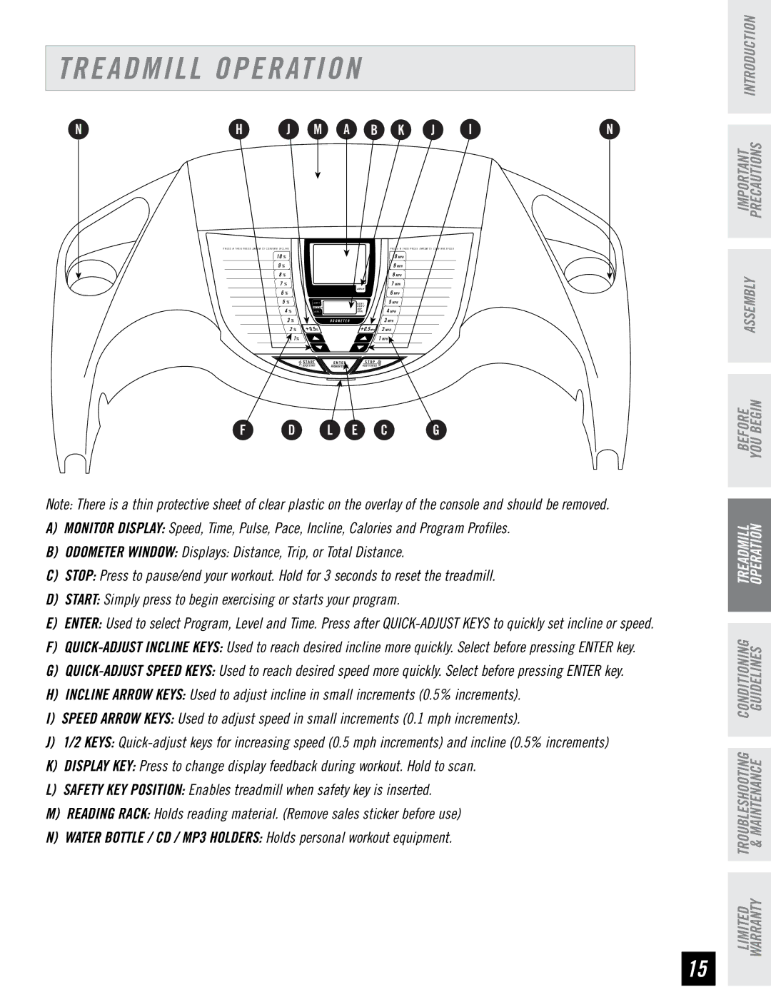 Horizon Fitness CST3.5 manual Treadmill Operation, NH J M a B K J 