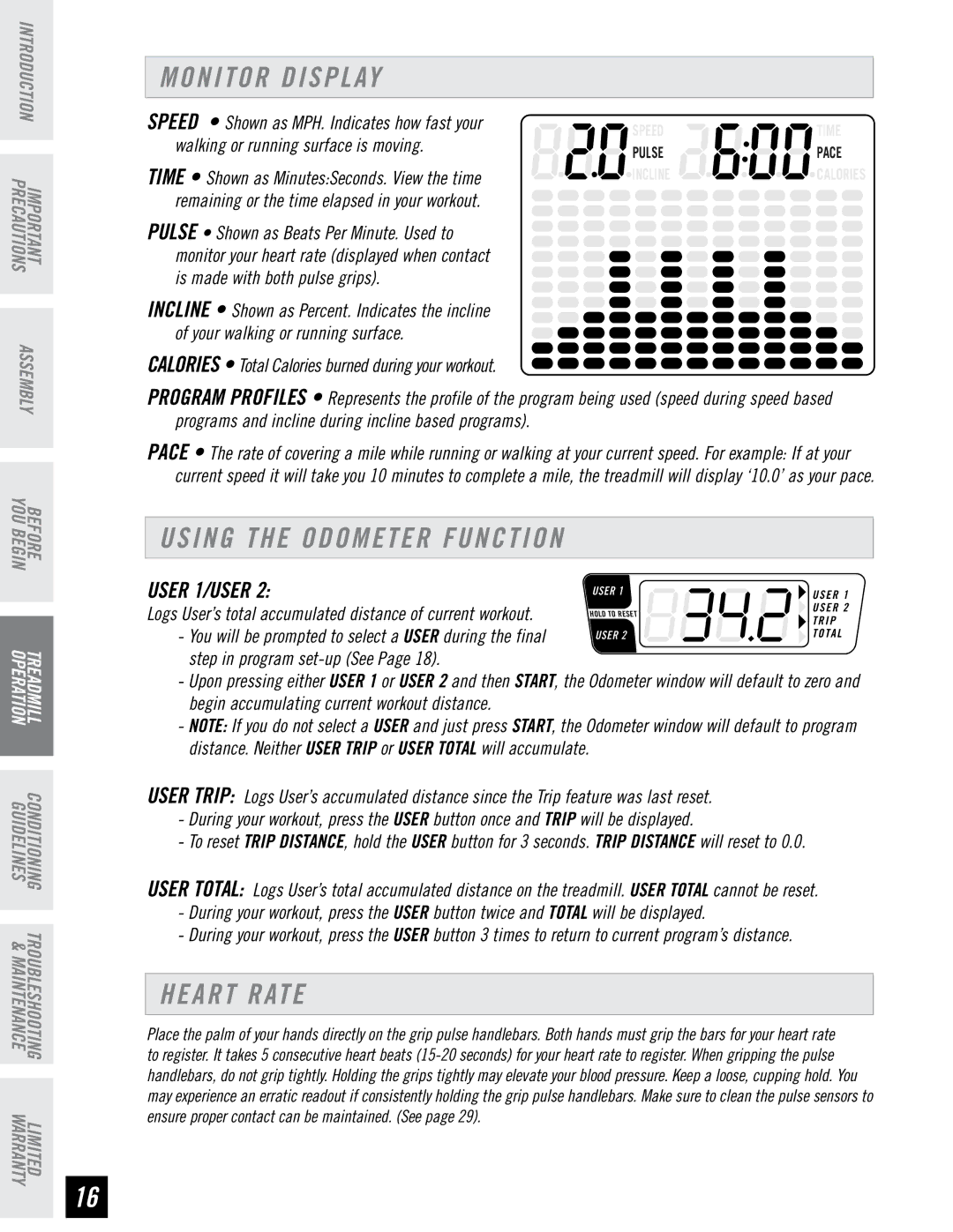 Horizon Fitness CST3.5 manual Monitor Display, Using the Odometer Function, Heart Rate, User 1/USER 