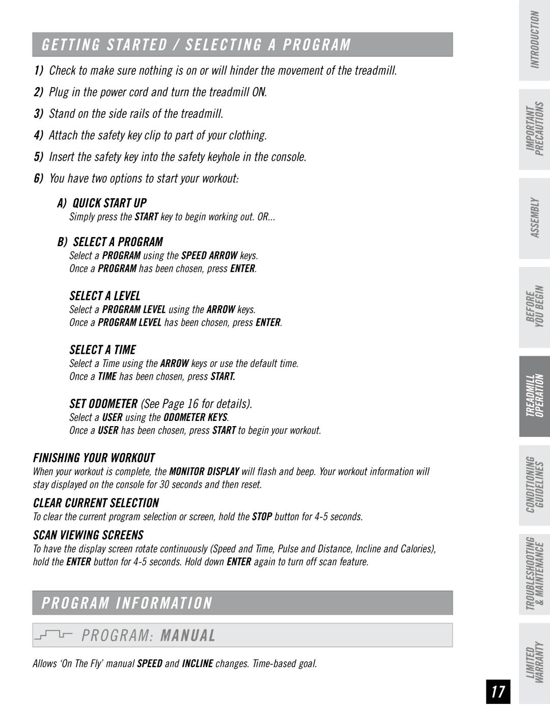 Horizon Fitness CST3.5 O G R a M Manual, Select a Level, Select a Time, Clear Current Selection, Scan Viewing Screens 