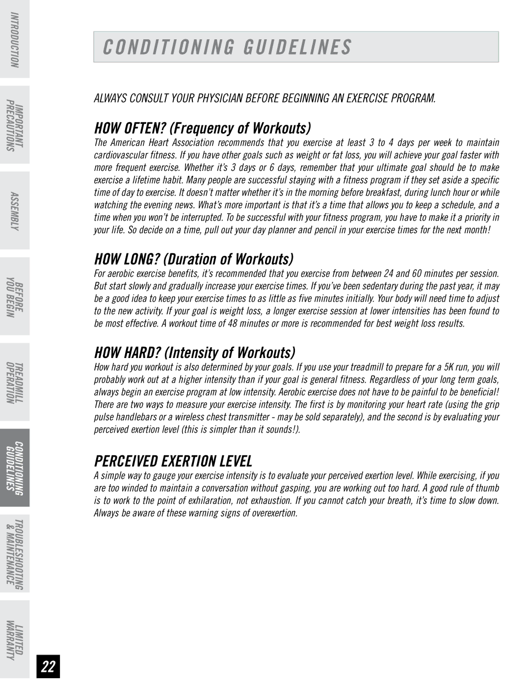 Horizon Fitness CST3.5 manual Conditioning Guidelines, Perceived Exertion Level 