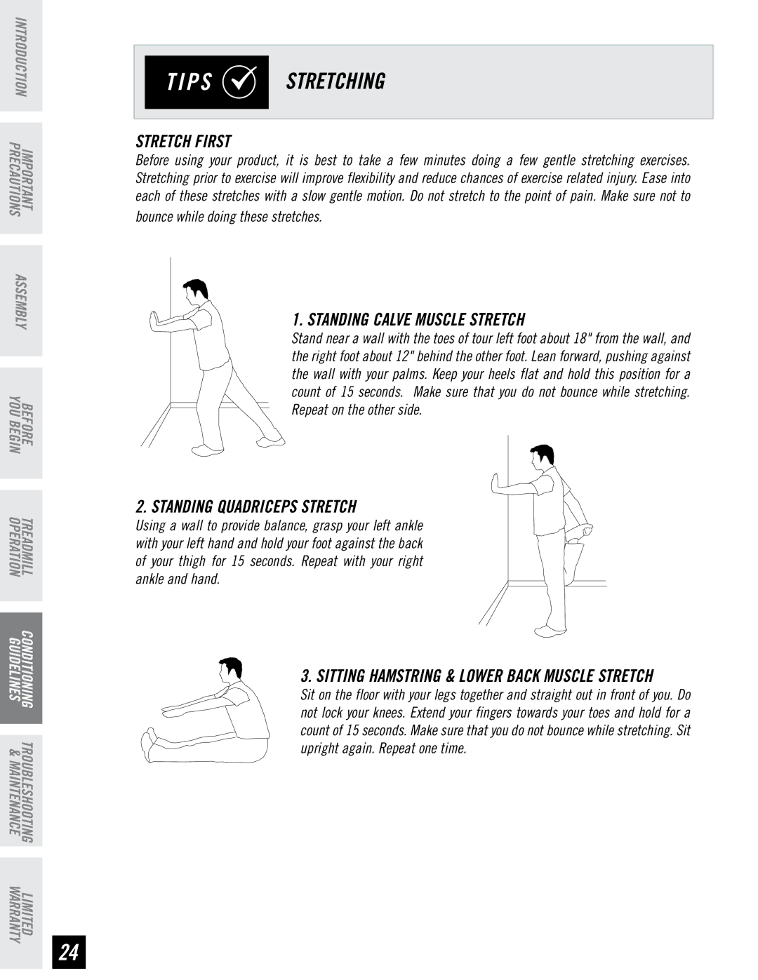 Horizon Fitness CST3.5 manual P S Stretching, Stretch First, Standing Calve Muscle Stretch, Standing Quadriceps Stretch 