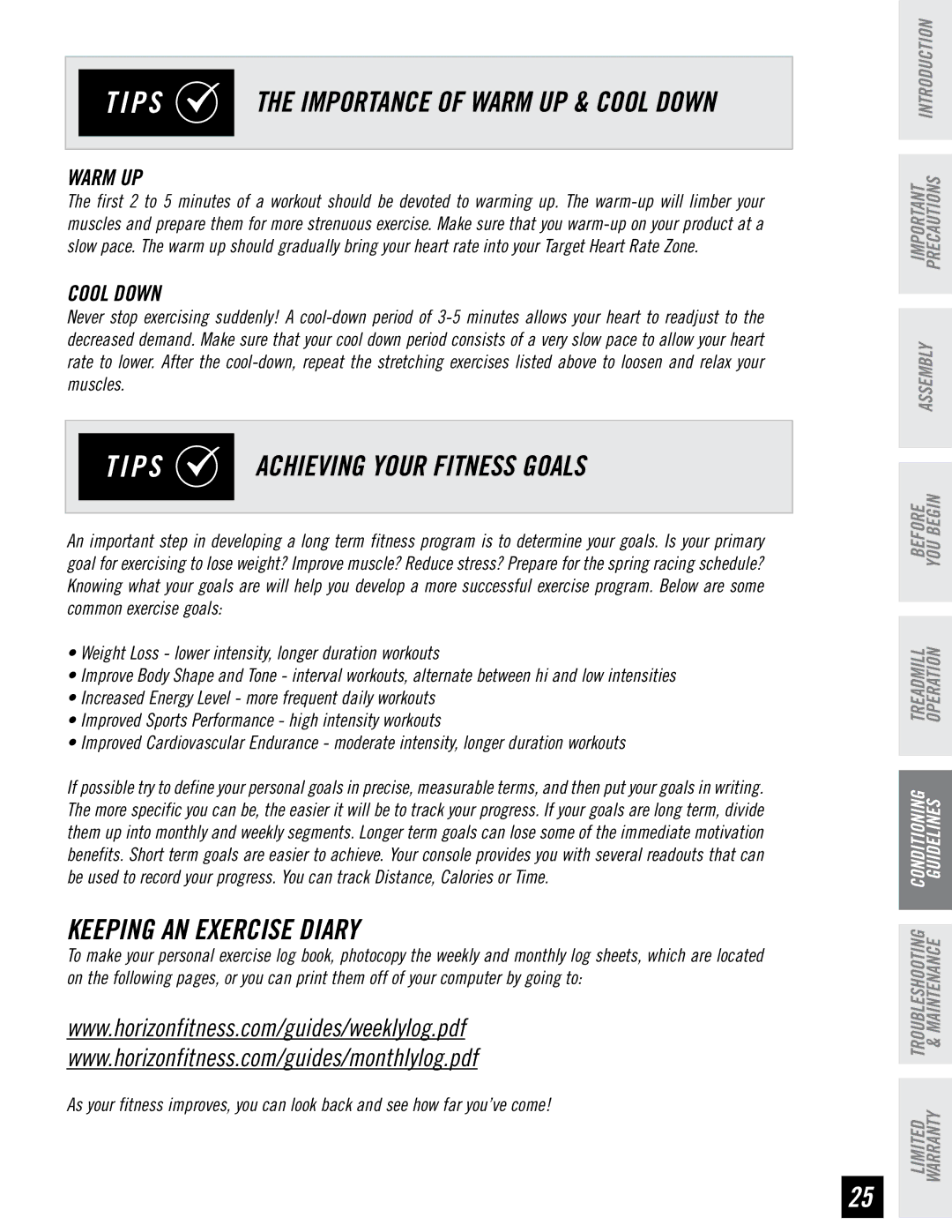 Horizon Fitness CST3.5 manual P S Achieving Your Fitness Goals, Keeping AN Exercise Diary, Warm UP, Cool Down 