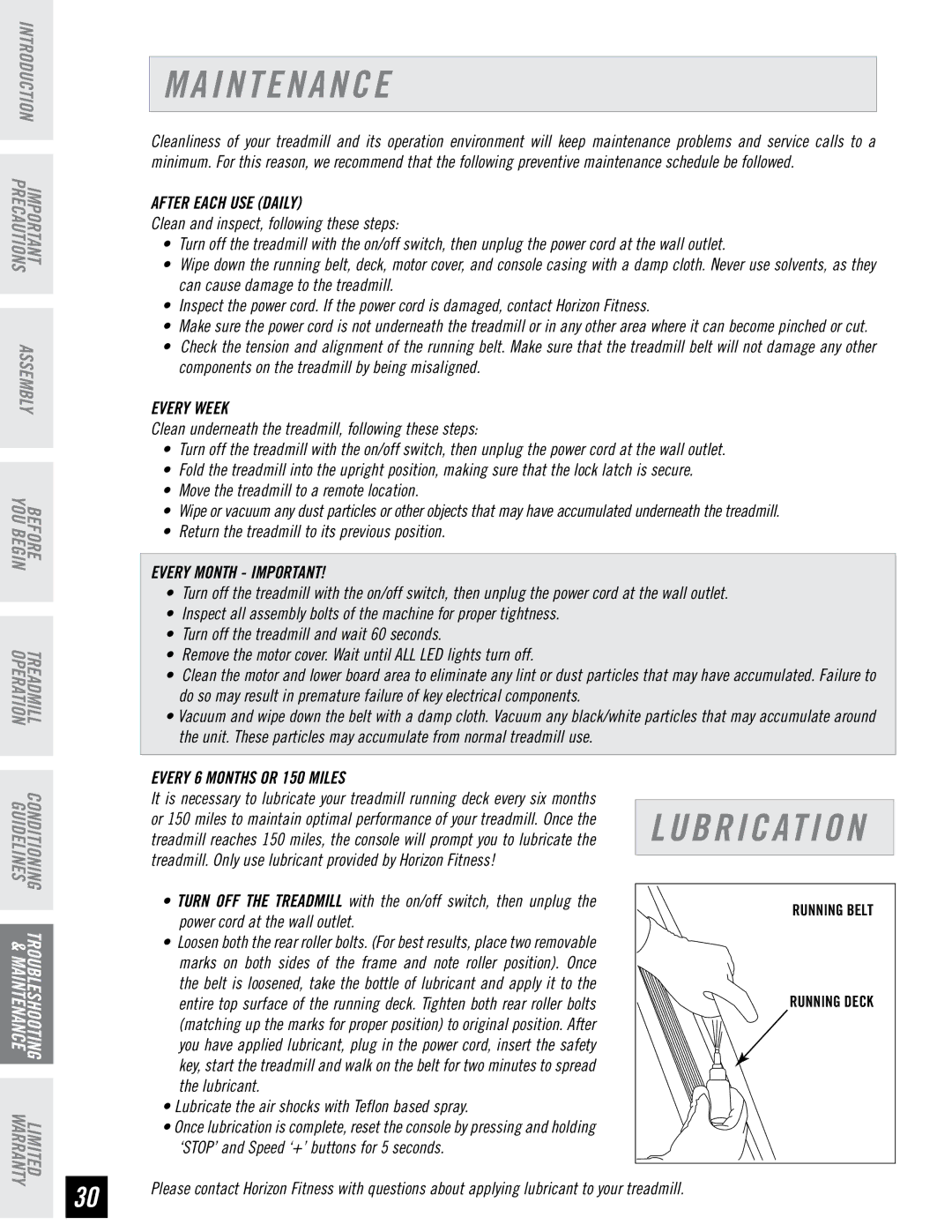 Horizon Fitness CST3.5 manual I N T E N a N C E, After Each USE Daily 