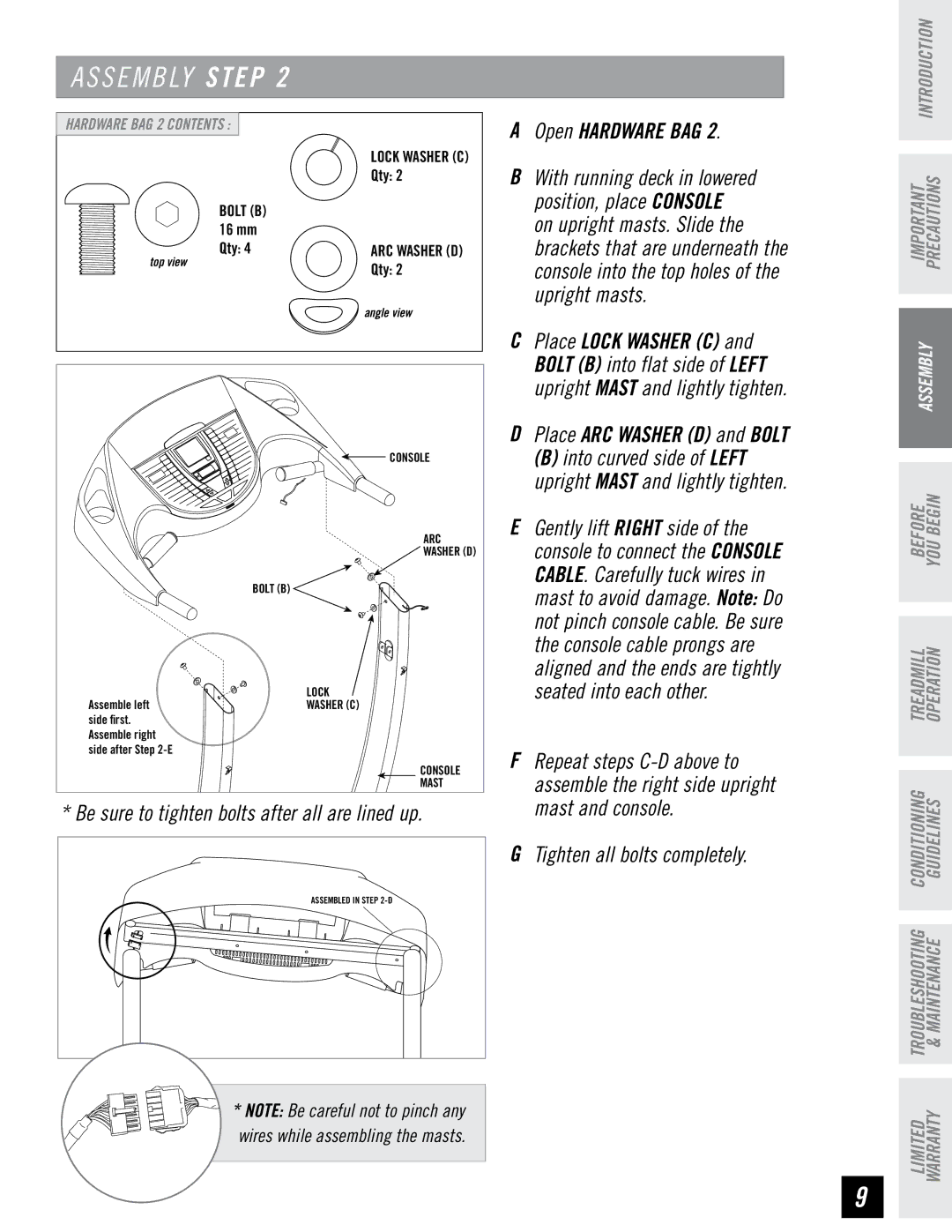 Horizon Fitness CST3.5 manual Position, place console, Upright masts, Seated into each other, Mast and console 