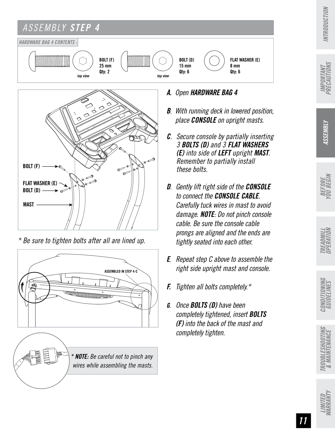 Horizon Fitness CST4.6, CST3.6 quick start These bolts, Tighten all bolts completely 