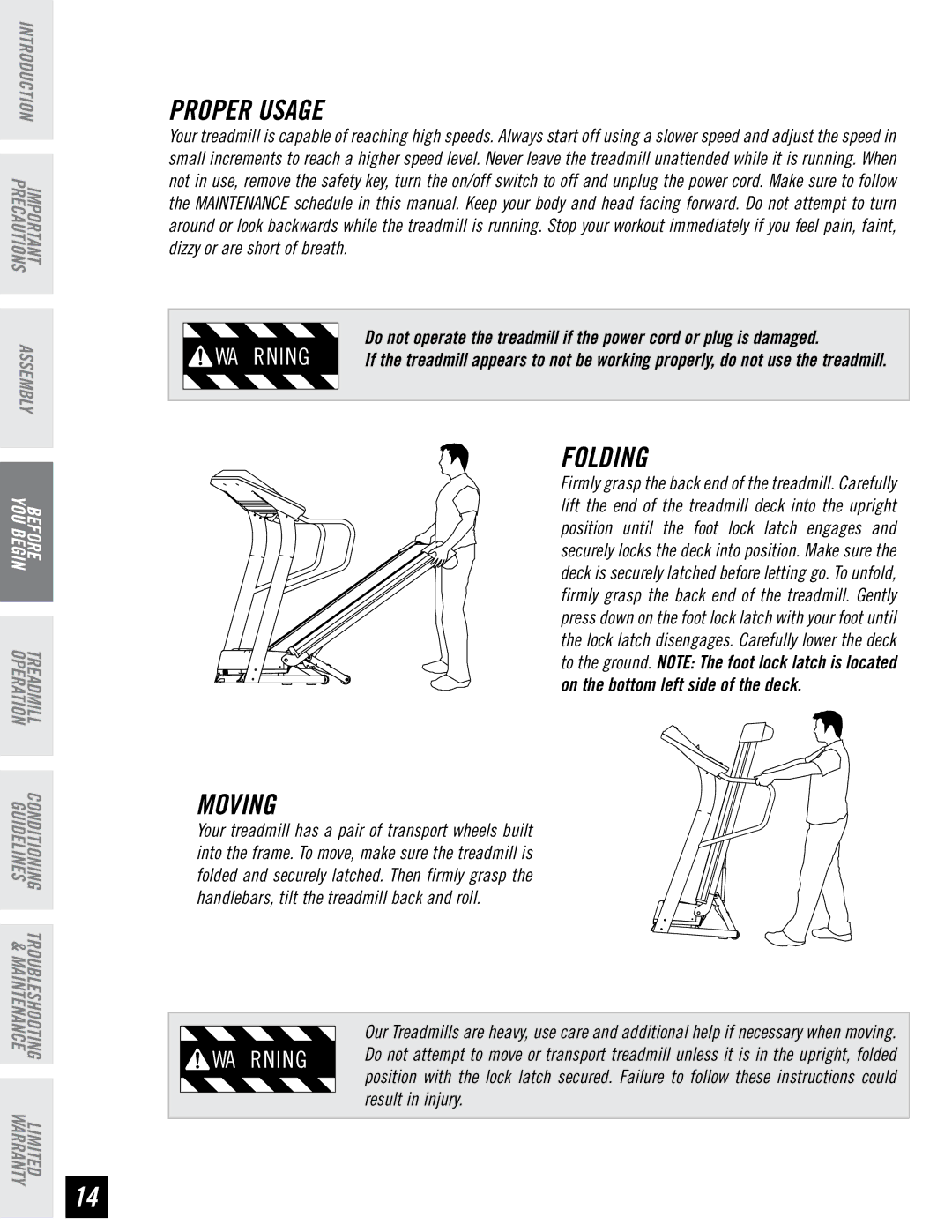 Horizon Fitness CST3.6, CST4.6 quick start Proper Usage, Folding, Moving 