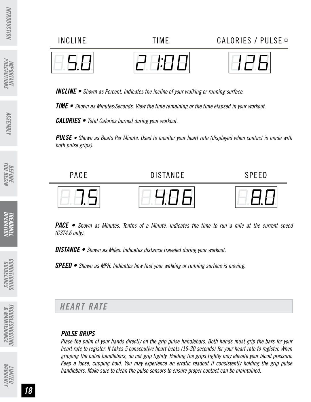 Horizon Fitness CST3.6, CST4.6 quick start Heart Rate, Pulse Grips 