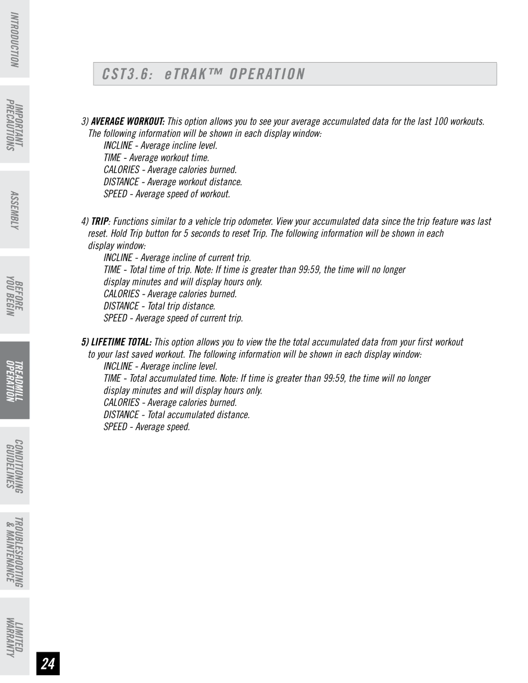 Horizon Fitness CST3.6, CST4.6 quick start CST3 etrak operation 