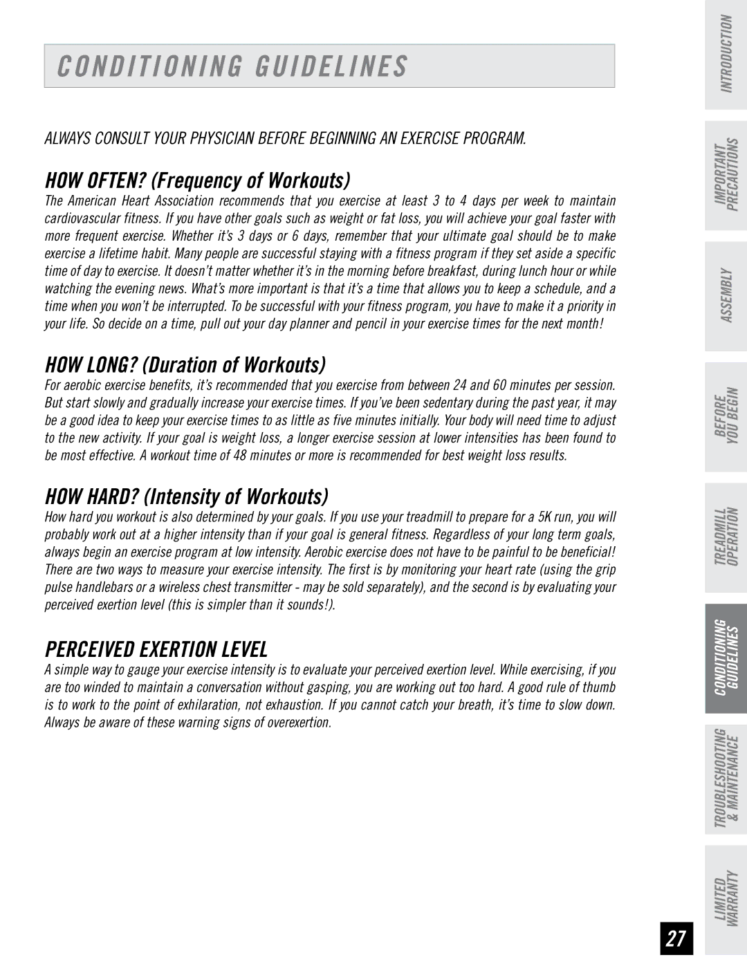 Horizon Fitness CST4.6, CST3.6 quick start Conditioning Guidelines, Perceived Exertion Level 