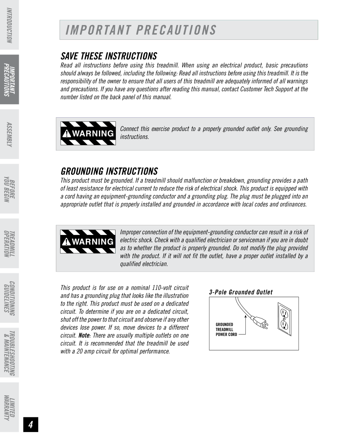 Horizon Fitness CST3.6, CST4.6 quick start Important Precautions, Grounding Instructions 