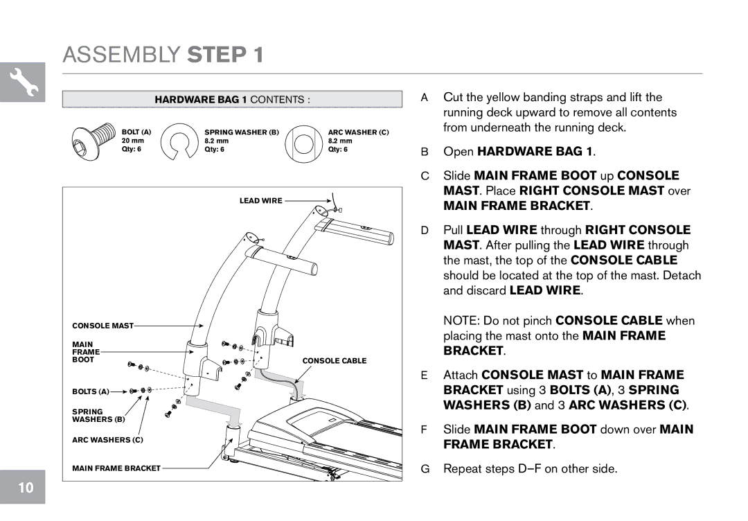 Horizon Fitness CT12.1 owner manual Assembly Step, Pull lead wire through right console 