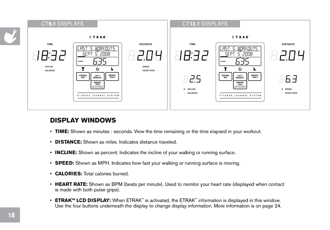 Horizon Fitness CT12.1 owner manual Display windows, CT9.1 Displays 