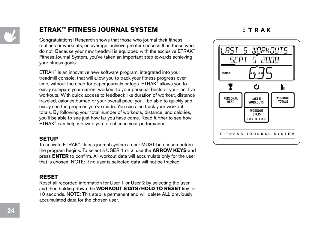 Horizon Fitness CT12.1 owner manual Etrak Fitness Journal System, Setup 