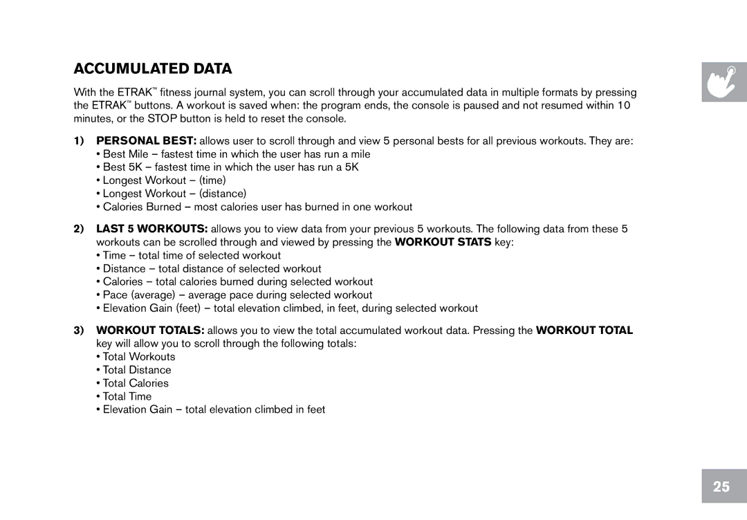 Horizon Fitness CT12.1 owner manual Accumulated Data 