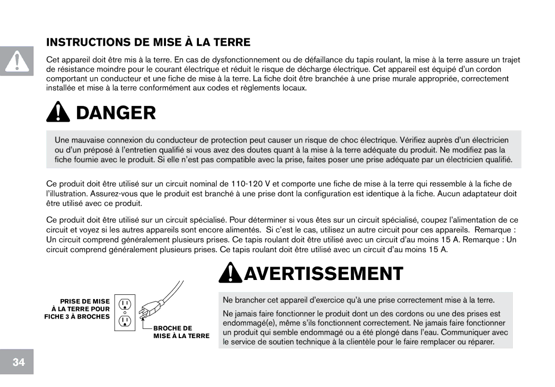 Horizon Fitness CT12.1 owner manual Avertissement, Instructions DE Mise À LA Terre 