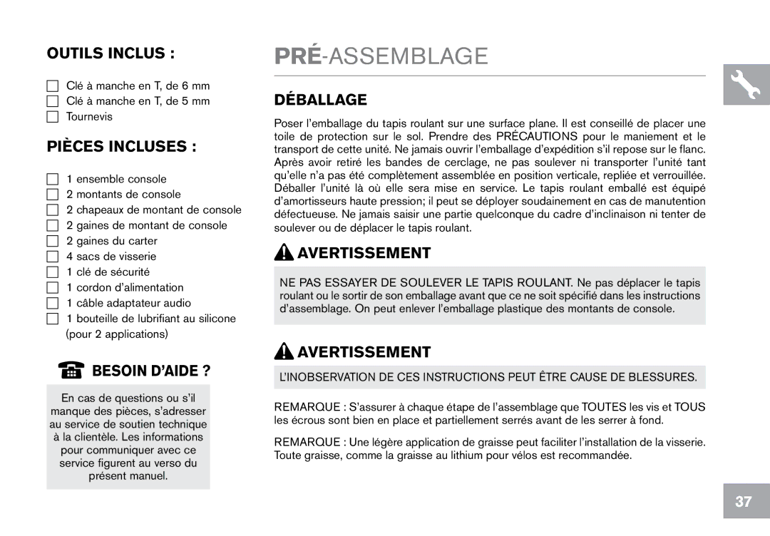 Horizon Fitness CT12.1 owner manual Pré-Assemblage 