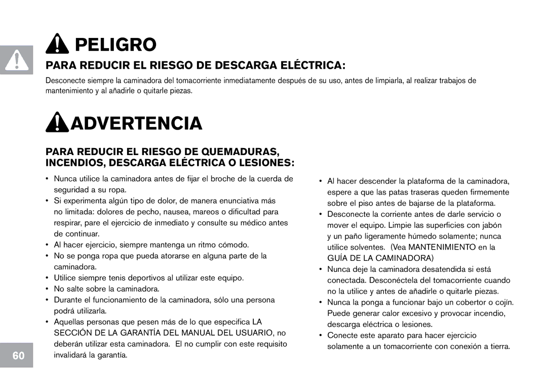 Horizon Fitness CT12.1 owner manual Peligro, Para reducir el riesgo de descarga eléctrica 