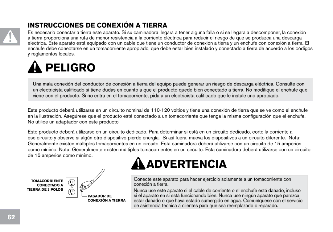 Horizon Fitness CT12.1 owner manual Instrucciones DE Conexión a Tierra 