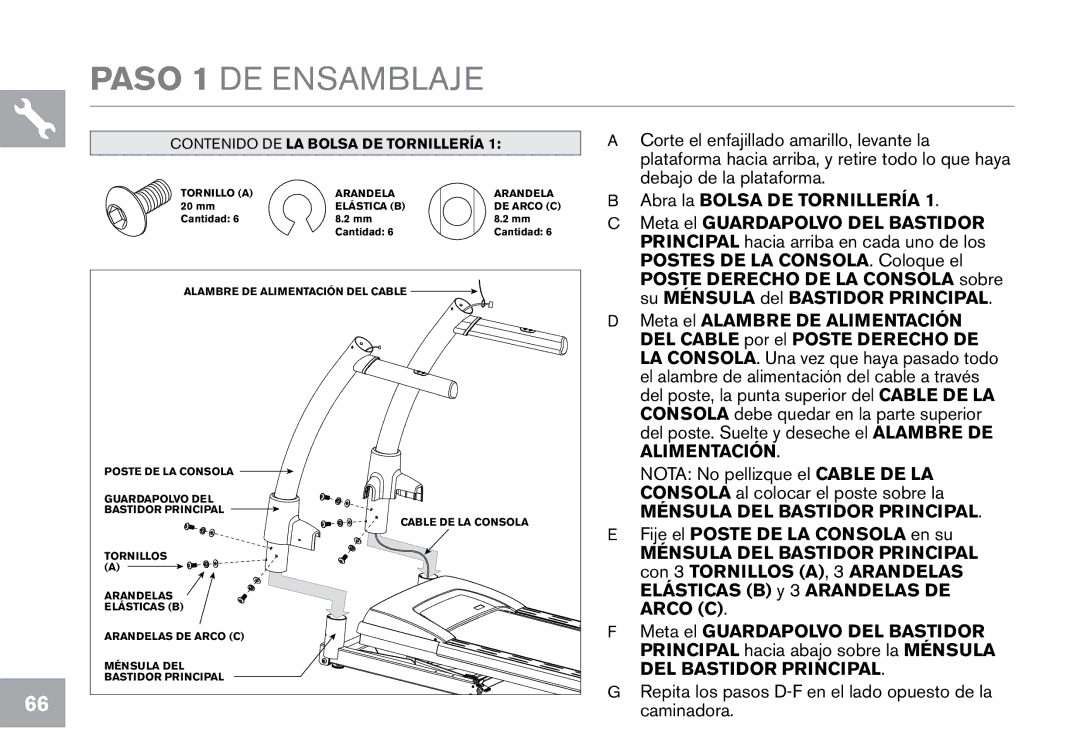 Horizon Fitness CT12.1 owner manual Paso 1 DE Ensamblaje, Contenido DE LA Bolsa DE Tornillería 