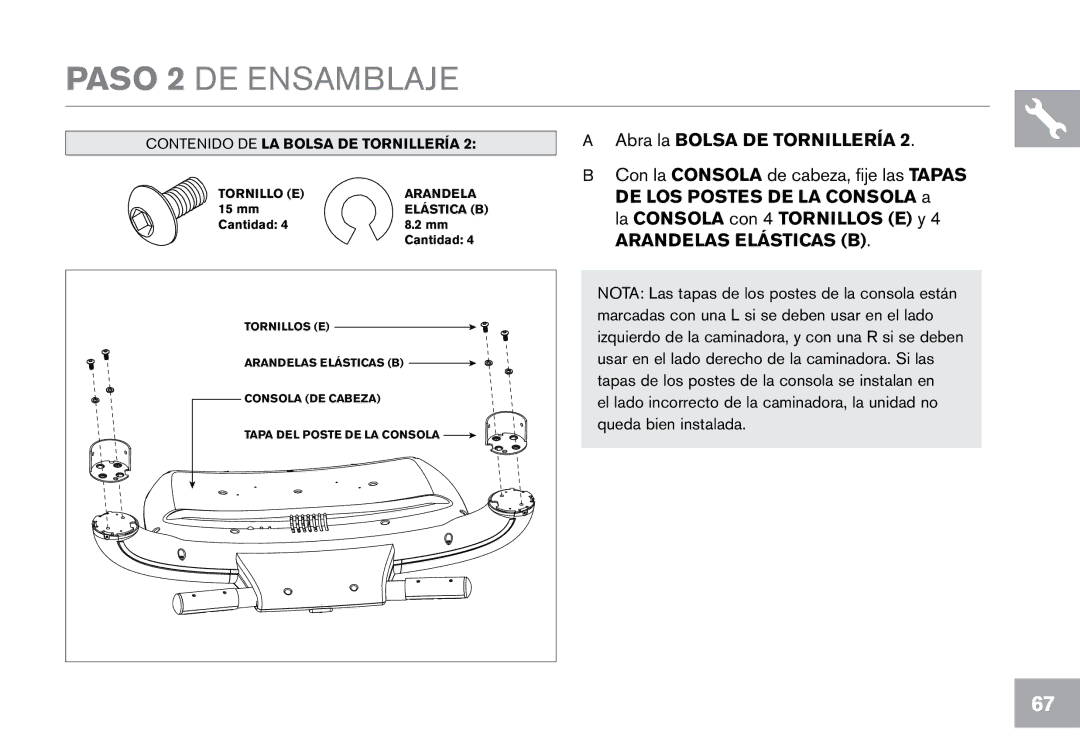 Horizon Fitness CT12.1 owner manual Paso 2 DE Ensamblaje, Arandelas Elásticas B 