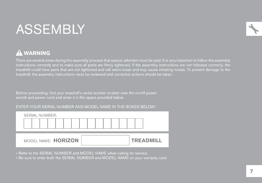 Horizon Fitness CT12.1 owner manual Assembly, Model Name Horizon Treadmill 