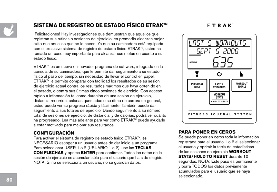 Horizon Fitness CT12.1 owner manual Sistema DE Registro DE Estado Físico Etrak, Configuración 